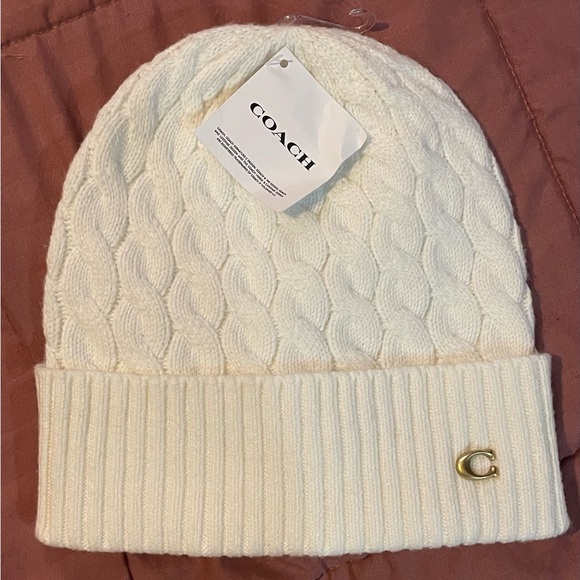 Coach White Knit Beanie with Gold Logo - Picture 10 of 16
